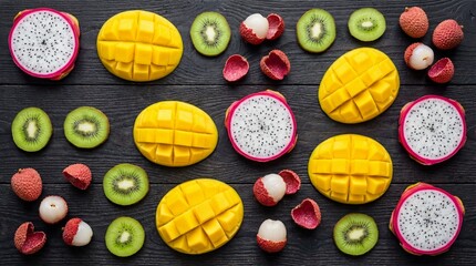 Top View Symmetrical Pattern of Mango Dragon Fruit Kiwi and Lychee on Wood