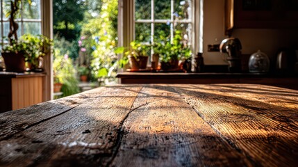 Sunlit Rustic Wooden Tabletop in a Bright Kitchen Overlooking a Lush Green Garden with Natural Light Streaming Through the Windows in a Warm and Inviting Home
