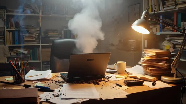 Overheated laptop on messy desk