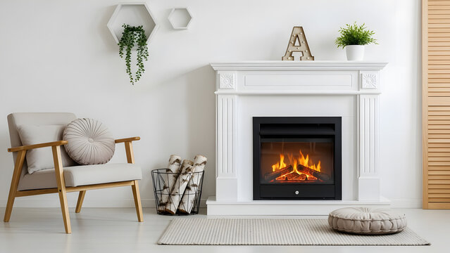 Modern white electric fireplace in cozy living room interior design | Scandinavian style armchair next to faux fireplace mantelpiece | Minimalist bright room decor with birch logs