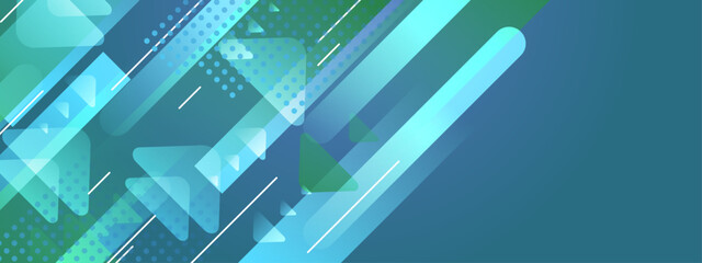 Tech-inspired composition featuring diagonal green bars and translucent geometric triangle patterns