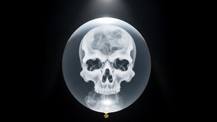 An isolated 3d illustration of a scary human skull anatomy over a black space background resembling an x-ray of the moon and a dead planet globe