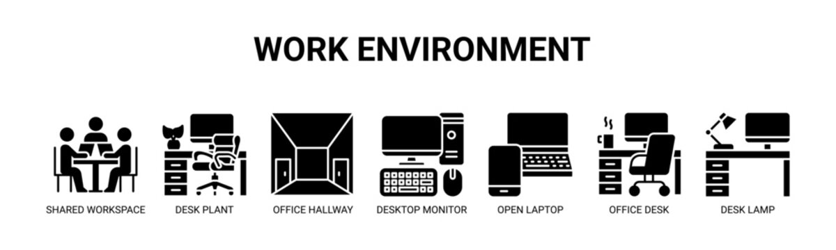 Work Environment web banner icon vector illustration concept with icons of shared workspace, desk plant, office hallway, desktop monitor, open laptop, office desk, desk lamp.