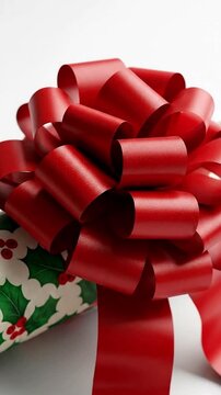 A vibrant close-up captures a beautifully wrapped gift, featuring a prominent, elaborate red bow meticulously tied and fanned out. The present is enveloped in festive wrapping paper adorned with a cla