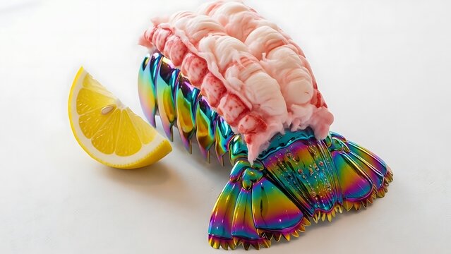 Rainbow Lobster Tail and Lemon Slice on White Background image stock