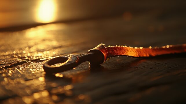 Worn leather strap of a tool stiffened by frost at golden hour with sunlight reflecting