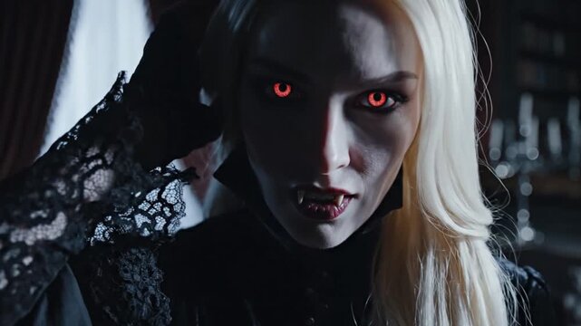 Mysterious woman with white hair and red eyes stares intensely at the viewer.