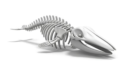 3D rendering of a complete whale skeleton, showcasing its intricate bone structure on a white background.
