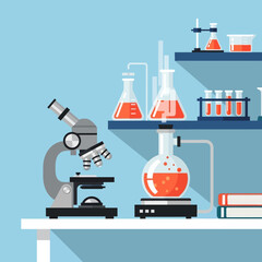 Fototapeta premium Science Laboratory Equipment with Microscope and Flasks