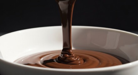 Close-up of glossy, flowing, dark liquid pouring into a white bowl. Dark background