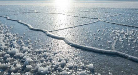 Close-up of frozen water surface with sun reflection, ice formations, and cracks