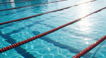 Close-up of a sunlit pool with lane markers, reflecting shimmering water patterns
