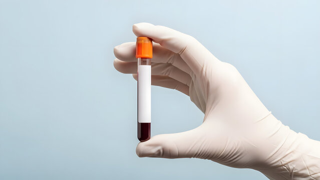 Doctor's hand holding blood sample tube for lab analysis | Medical professional wearing glove examining test tube with blood | Close-up of vacutainer tube with blank label for diagnostics