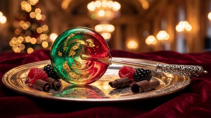 Handcrafted Holiday Candy Lollipop with Gold Flakes and Christmas Tree Bokeh