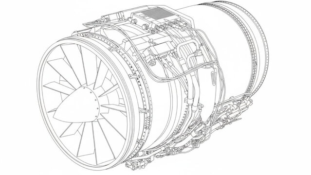 Turbine Engine Line Art Assembly Technical Illustration Isolated on Transparent Background