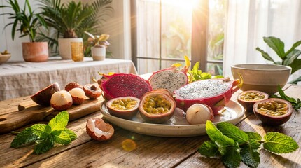 Assorted Exotic Sliced Tropical Fruits on a Rustic Wooden Table with Mint Leaves