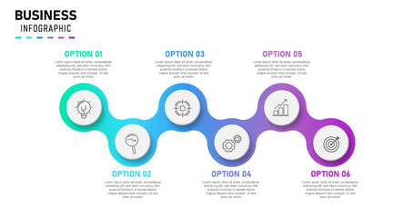 Clean Business Infographic with Six Connected Steps, Curved Workflow Diagram for Corporate Process, Strategy, and Timeline Presentation