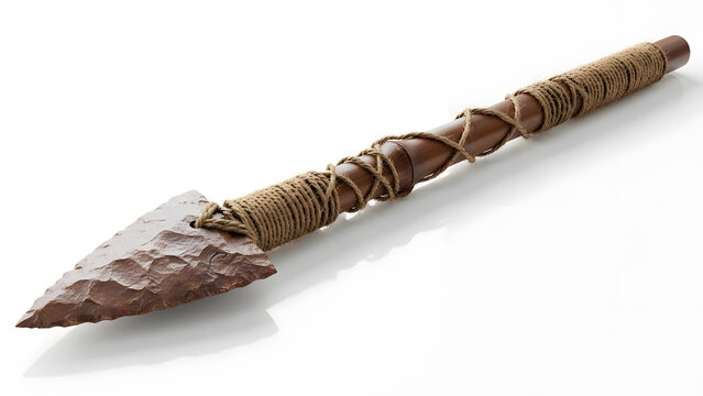 Primitive stone arrowhead with wooden shaft on white background | Authentic replica of ancient hunting spear tool | Handmade prehistoric weapon with twine wrapping | Studio shot of stone age artifact 
