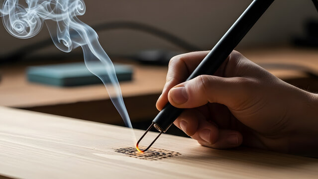 Close-up of hand using pyrography pen to burn wood surface | Detailed shot of wood burning tool creating fine smoke | Artisan crafting pixel design with hot tip on wooden panel