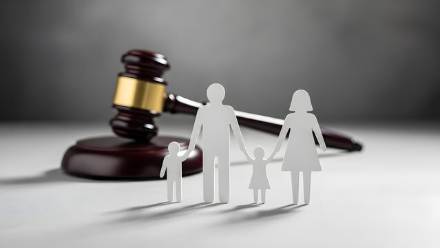 Family law representation in child custody cases | Paper cutout figures symbolizing legal rights and adoption | Gavel and family unit representation for divorce proceedings 