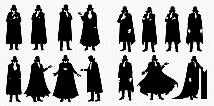 Set of mysterious detective or secret agent silhouettes in various poses, wearing trench coats and hats, on a transparent background.