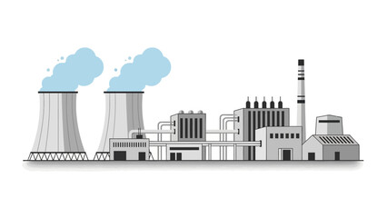 Obraz premium Industrial power plant with cooling towers emitting steam, representing energy production and manufacturing facilities
