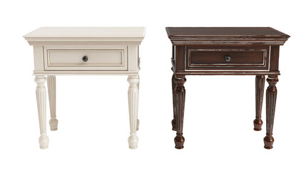Two wooden side tables with drawers isolated on a transparent background
