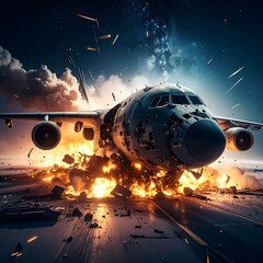 Fototapeta premium A large airplane crashes on a runway with explosion