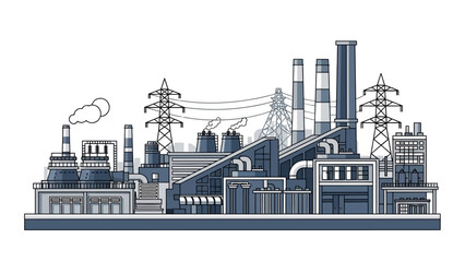 Obraz premium Industrial factory complex with power lines and smokestacks, illustrating manufacturing and production