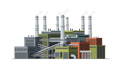 Industrial plant with multiple smokestacks emitting smoke, representing manufacturing and production
