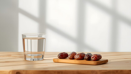 A simple and meaningful Ramadan concept showing dates and water used to break the fast.