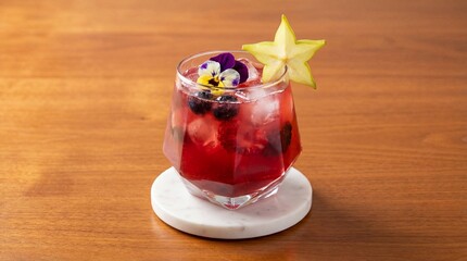 Vibrant Berry Cocktail with Starfruit and Edible Pansy Flower Garnish