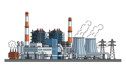 Obraz premium Industrial power plant with cooling towers, electricity pylons, and steam emitted from chimneys, symbolizing energy production and industrial infrastructure