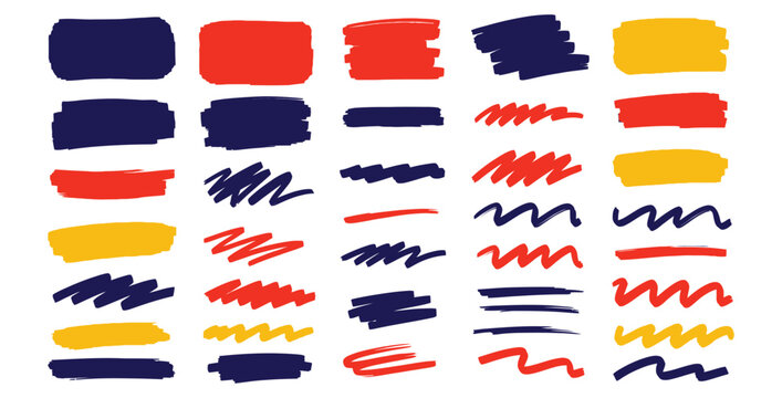 Collection of vibrant hand drawn marker strokes and highlighter brush strokes in blue red and yellow colors for graphic design elements