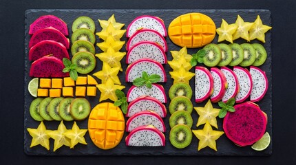 Colorful Tropical Fruit Platter with Sliced Dragon Fruit Mango and Kiwi on Slate