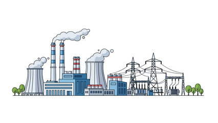 Obraz premium Industrial power plant with cooling towers and transmission lines in a flat design style, generating electricity for a modern city