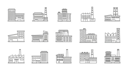 Modern linear vector illustrations depicting various industrial buildings, factories, and manufacturing plants. Symbolizing production, urban development, and enterprise architecture concepts