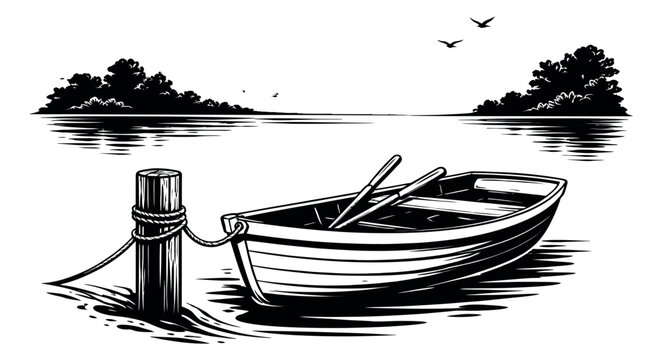 Hand drawn line art illustration of a rowboat depicting a calm lake scene for nautical designs