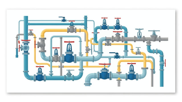 Complex industrial pipeline system with various valves and connections, illustrating fluid transport and mechanical engineering