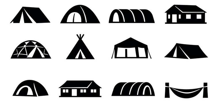 Solid silhouette camping icon set featuring various tent types, cabins, and a hammock for outdoor adventures