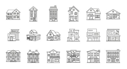 Fototapeta premium Diverse Architectural Styles A Comprehensive Vector Collection of Residential Houses and Commercial Buildings in Line Art Outline for Urban and Suburban Design Concepts