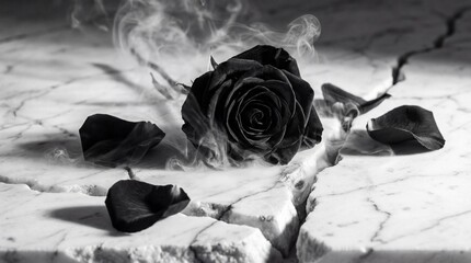 Dramatic Black Rose on Cracked White Marble with Ethereal Smoke and Mist