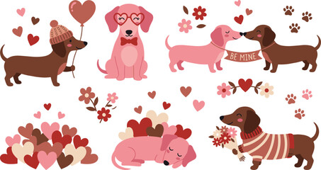 Obraz premium Cute Valentine dog illustration set with romantic puppies hearts flowers and love elements for greeting cards prints and designs