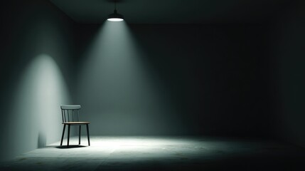 An empty chair sits beneath a focused spotlight in a dimly lit room