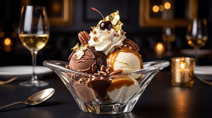Luxury Ice Cream Sundae with Chocolate Pecans and Gold Leaf in a Fine Dining Setting