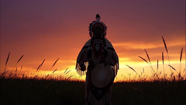 Native American silhouette with headdress standing in field at sunset