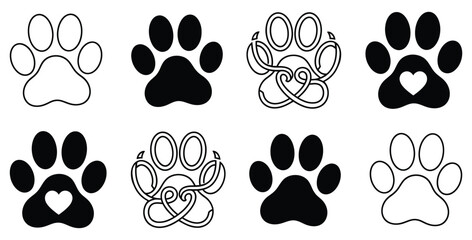 Collection of eight stylized animal paw print vector icons featuring solid fills outline designs heart accents and intricate celtic knot patterns perfect for pet themes © Mst Zakia
