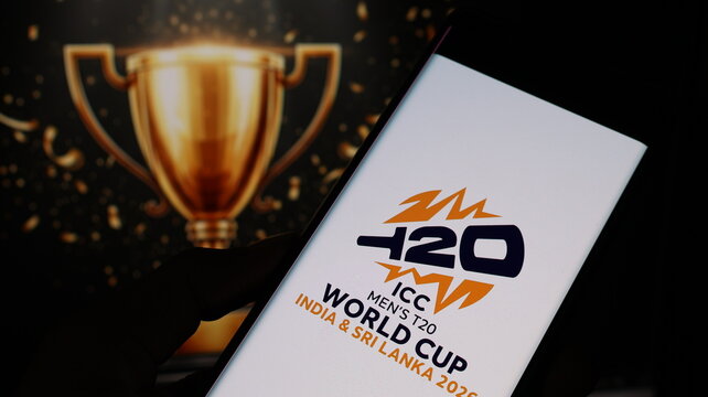 New Delhi, India - January 19 2026: T20 Cricket World Cup 2026 India Sri Lanka Logo with Trophy on Smartphone