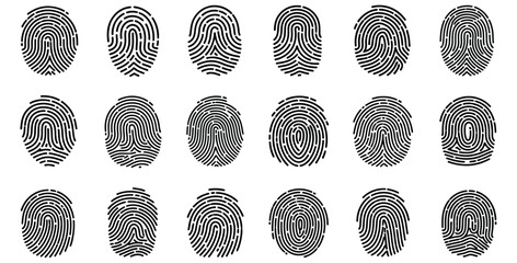 Collection of eighteen distinct black and white fingerprint identification icons showcasing various loop whorl and arch patterns for security concepts