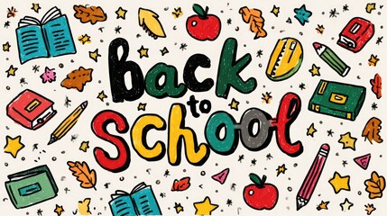Back to school-themed design, featuring diverse elements such as books, pens, apples, and stars, perfect for educational settings and learning environments